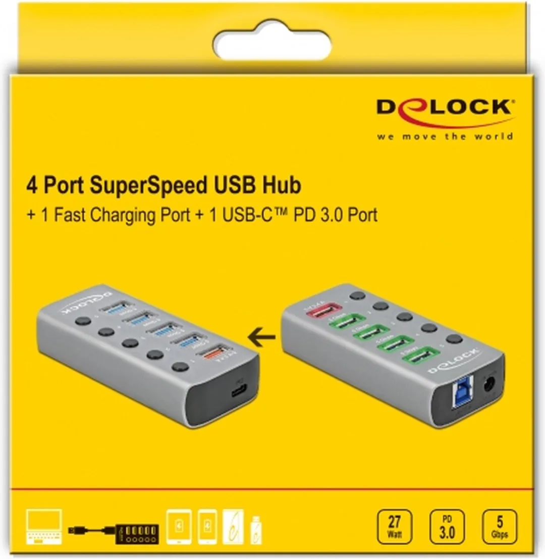 Delock USB Hub 63263 6 Poorten - USB 3.0 PD 27W Grijs