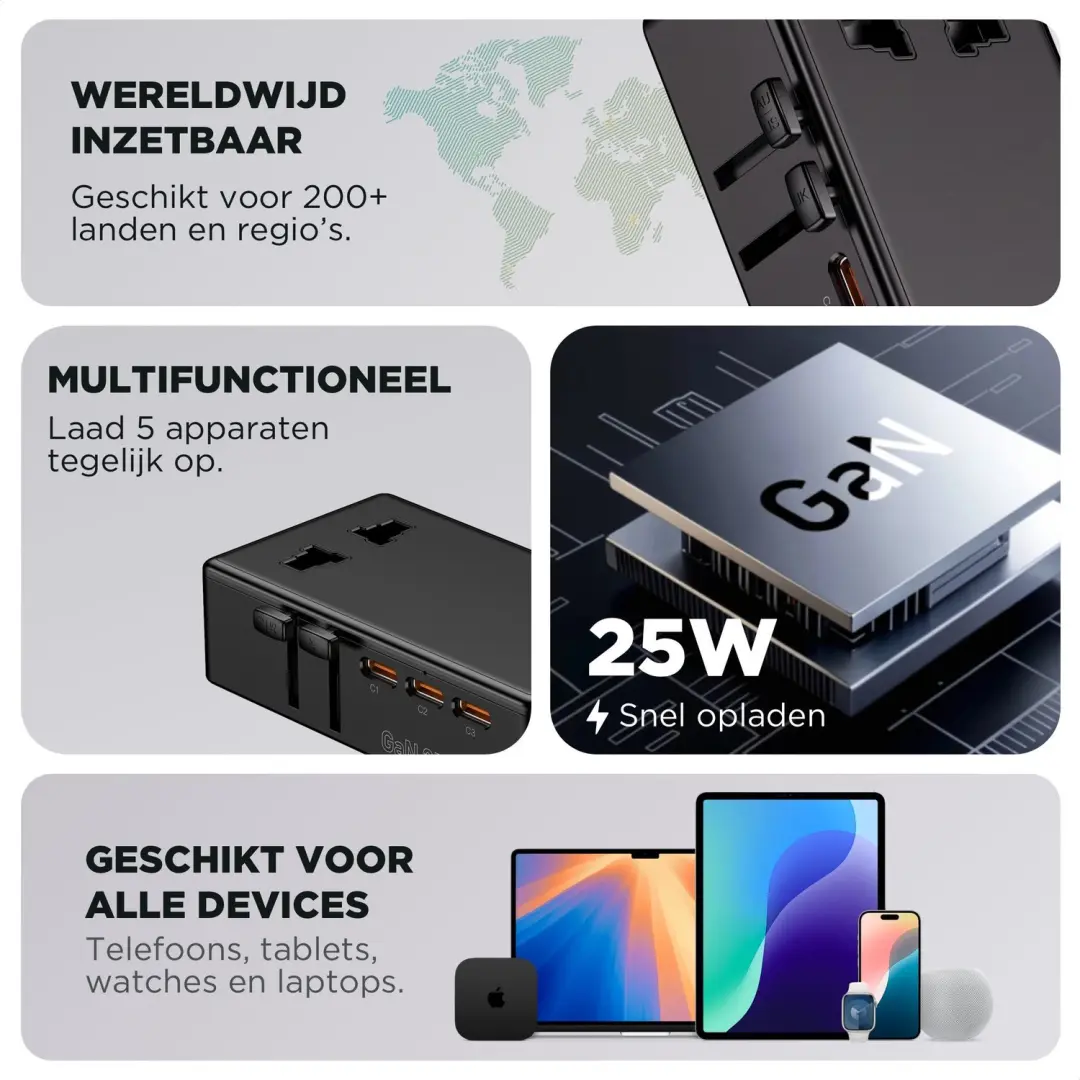 Remodius Wereldstekker OL-J01-PQ25 - 2x UniCharge - Zwart - afbeelding 6 van 6