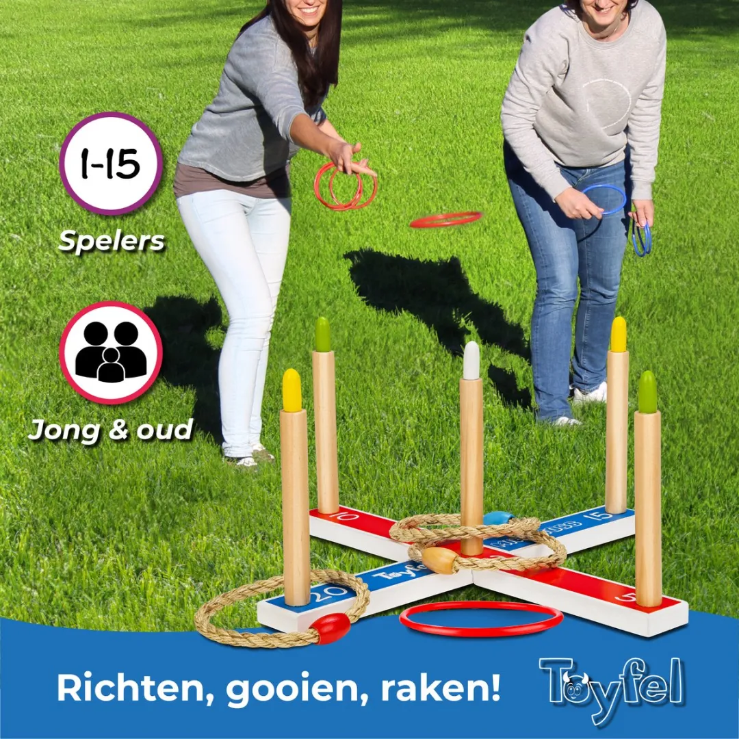 Toyfel Mitty Toss – Ring Werpspel Hout FSC® met 15 Ringen (10x plastic & 5x touw hoepels) – Tuin Spel Buiten & Binnen voor Kinderen & Volwassenen