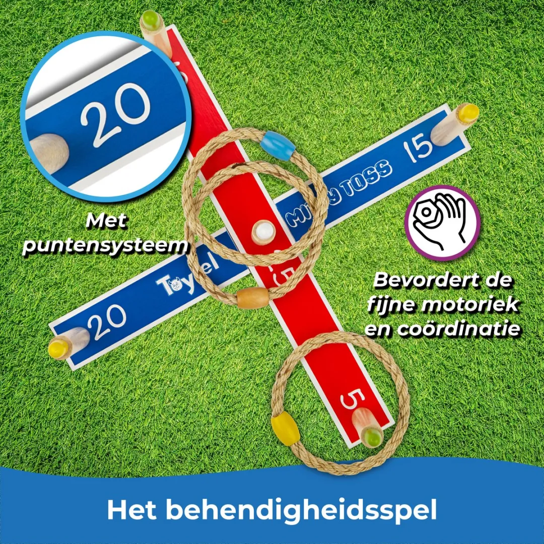Toyfel Mitty Toss Ring Werpspel - 15 Ringen (10x plastic, 5x touw) - FSC Hout - afbeelding 6 van 6