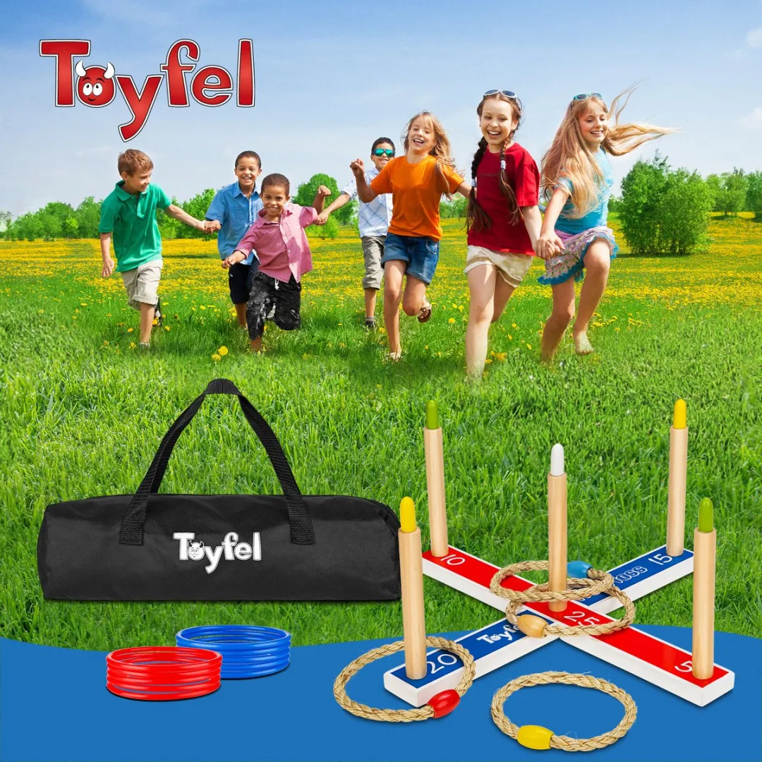 Toyfel Mitty Toss – Ring Werpspel Hout FSC® met 15 Ringen (10x plastic & 5x touw hoepels) – Tuin Spel Buiten & Binnen voor Kinderen & Volwassenen
