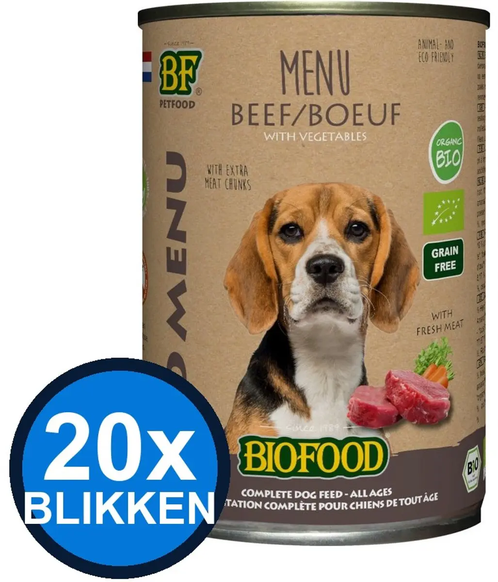 20x Biofood - Organic Hond Rund Menu Blik - Hondenvoer Natvoer - 400 g