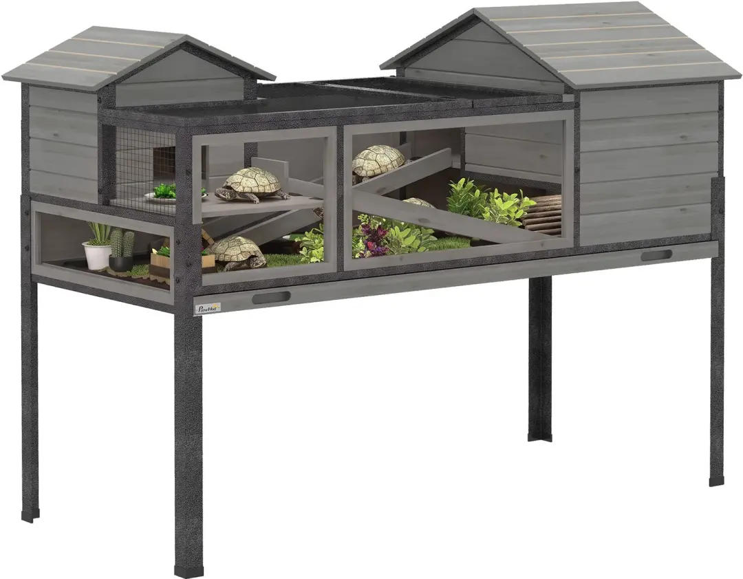 PawHut Tortoise House-Tannenholz, Stahl-128L x 63B x 96H cm-Grau