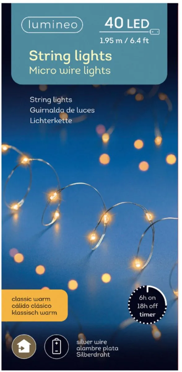 Lumineo Kerstverlichting Snoer 40 LED Warm Wit - 195cm - Zilver