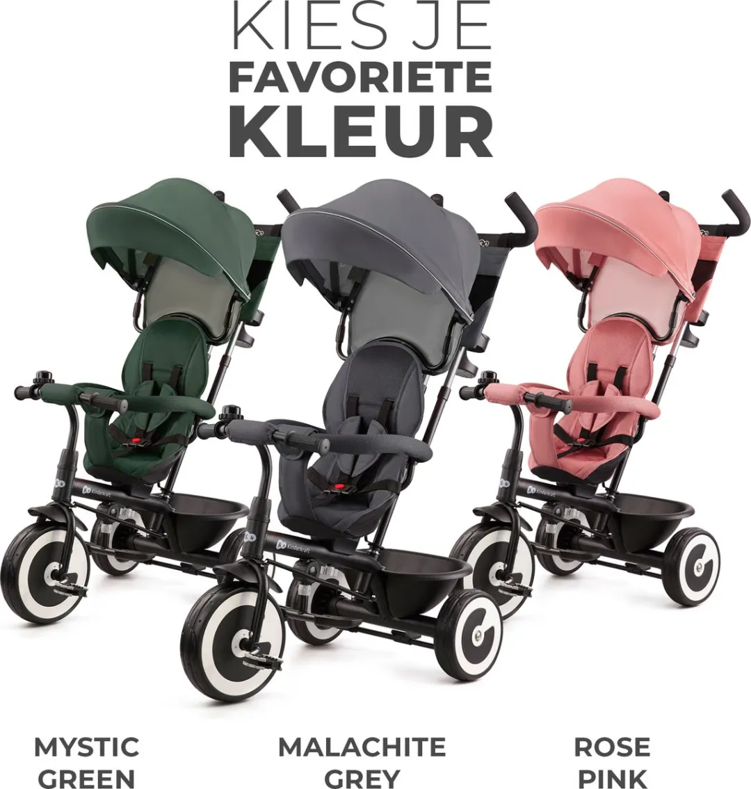 Kinderkraft ASTON Driewieler - Voor 9 Maanden tot 5 Jaar - Draaibare Zitting, Verstelbare Duwstang, Lekvrije Wielen en Veiligheidsgordels - Groen