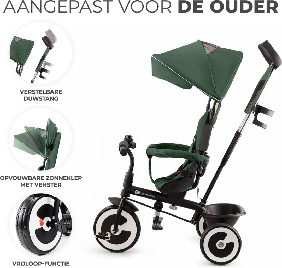 Kinderkraft ASTON Driewieler - Voor 9 Maanden tot 5 Jaar - Draaibare Zitting, Verstelbare Duwstang, Lekvrije Wielen en Veiligheidsgordels - Groen