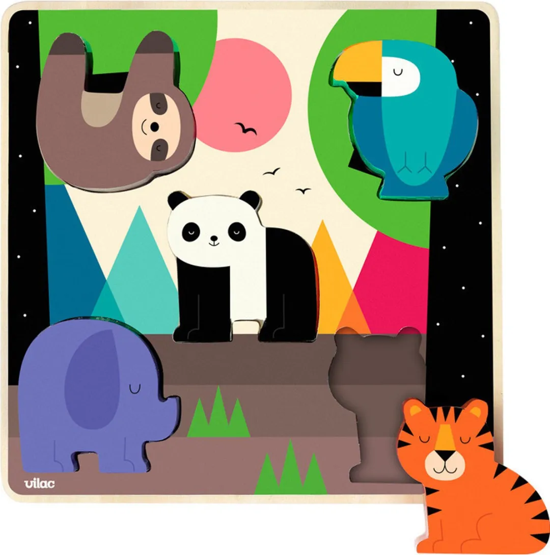 Vilac Encastrement Sonore Jungle Houten Inlegpuzzel 5ST - Multicolor