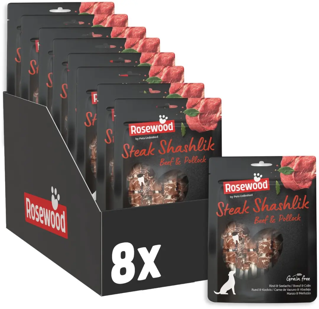 Rosewood Steak Shashlik Hondensnack Rund en Koolvis 8 x 100 g
