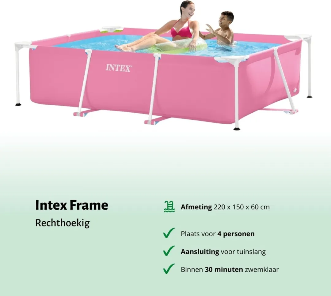 Intex Rechthoekig Frame Zwembad - 220 x 150 x 60 cm - Roze - Inclusief Afdekzeil - Onderhoudspakket - Zwembadfilterpomp - Schoonmaakset