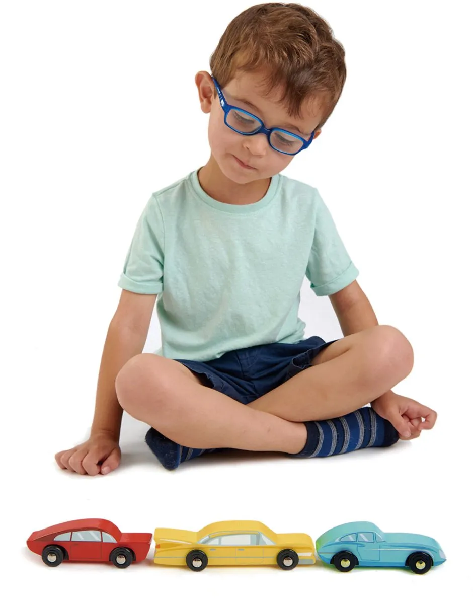 Tender Leaf Toys 3 Houten Retro Auto's - Blauw/Rood/Geel