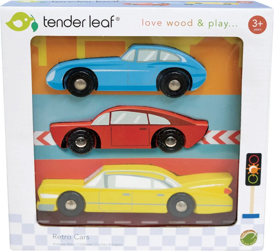 Tender Leaf Toys 3 Houten Retro Auto's - Blauw/Rood/Geel