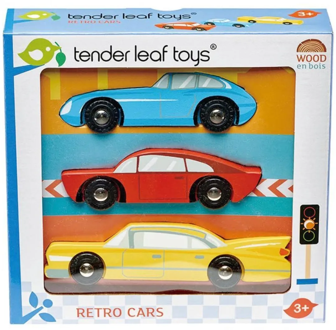Tender Leaf Toys 3 Houten Retro Auto's - Blauw/Rood/Geel