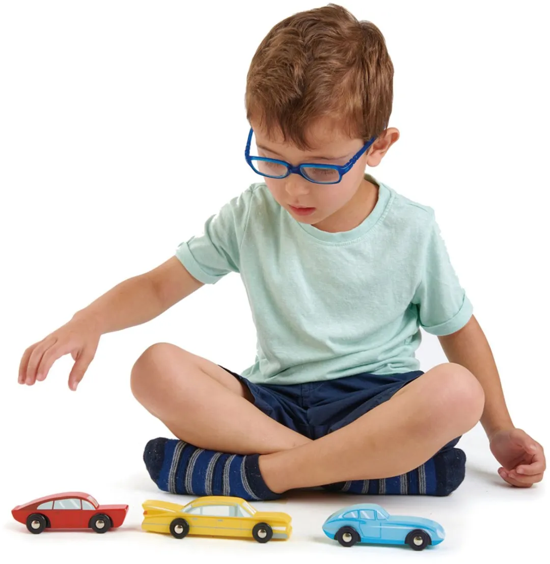 Tender Leaf Toys 3 Houten Retro Auto's - Blauw/Rood/Geel