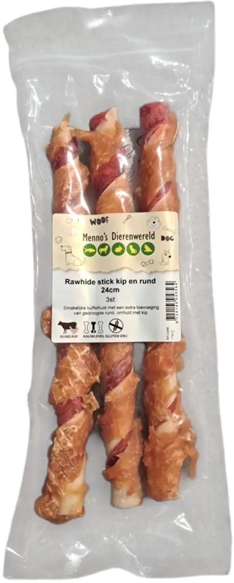 Zoolekker Rawhide stick kip en rund 24 cm