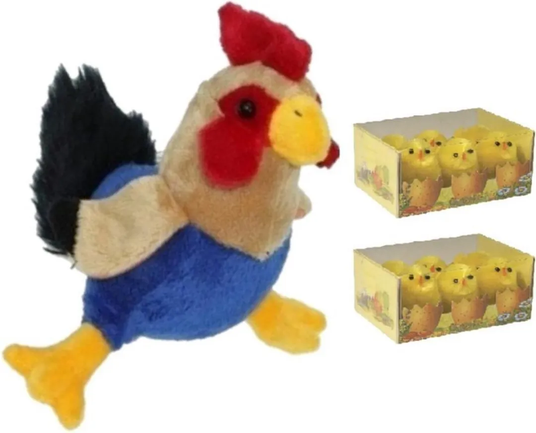 Decoris Pluche Kippen/Hanen Knuffel 20cm - 12x Mini Kuikentjes 3,5cm - Multicolor
