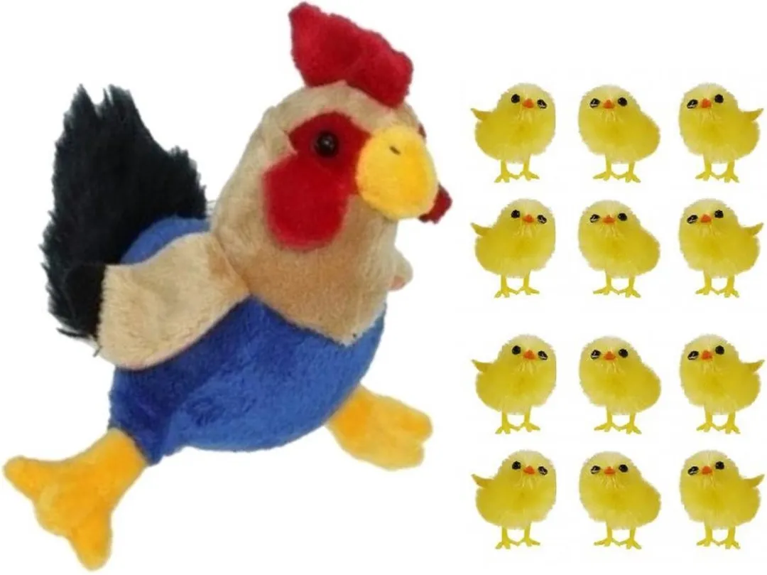 Decoris Pluche Kippen/Hanen Knuffel 20cm - 12x Mini Kuikentjes 3,5cm - Multicolor
