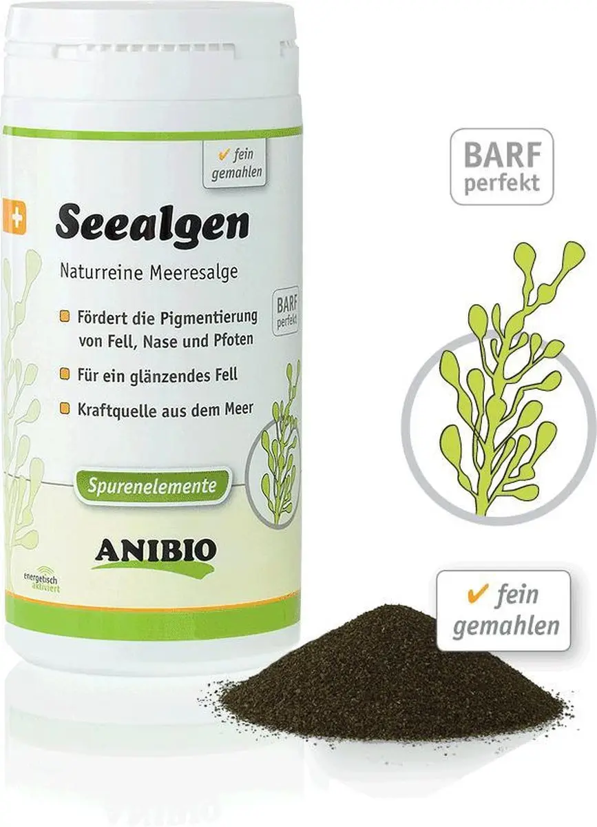 Anibio Zeealgen  bevordert pigmentatie vacht, neus ,poten 250gr.