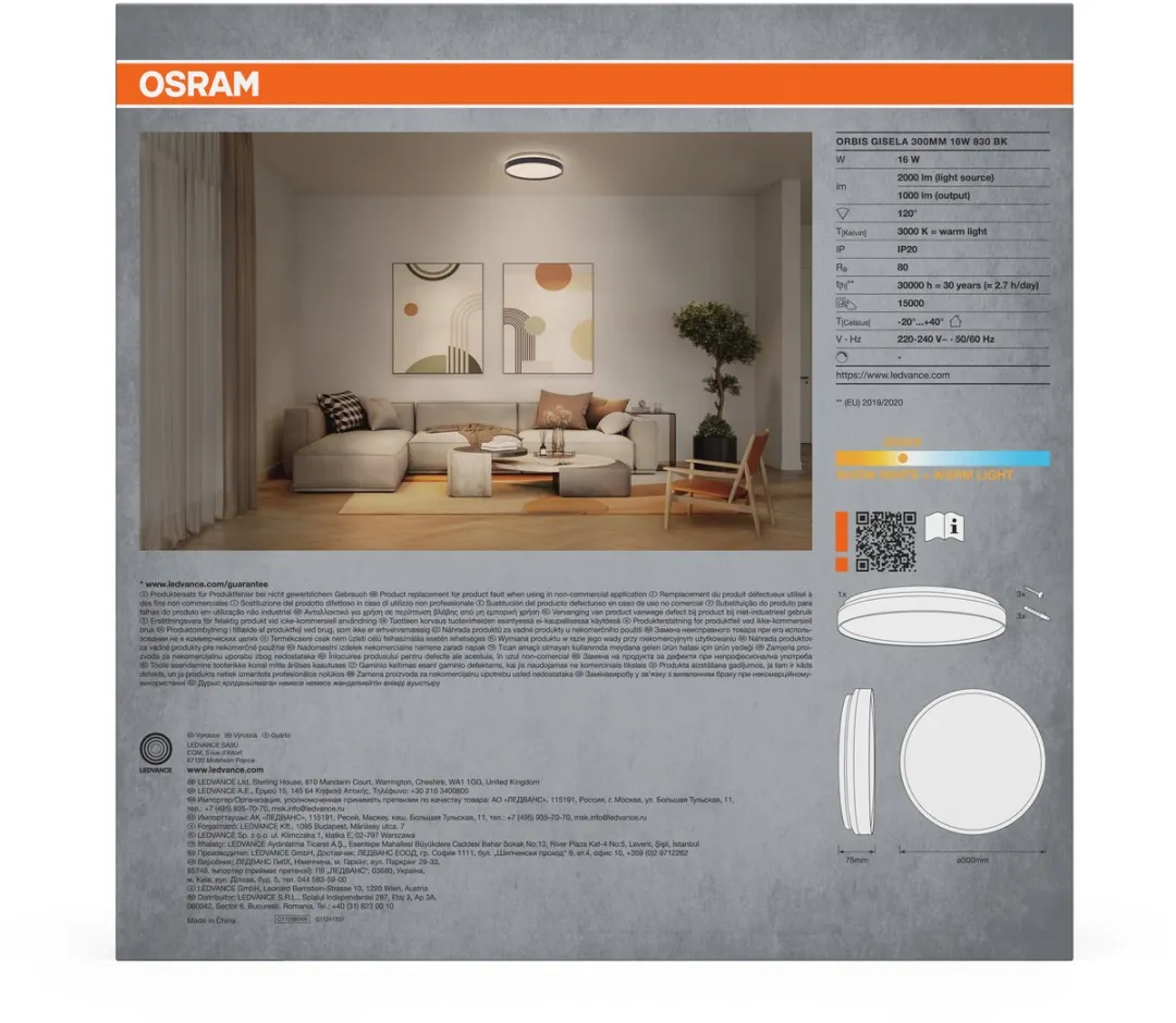 Osram Orbis Gisela LED Plafondlamp 300mm - 16W Warm Wit - Zwart