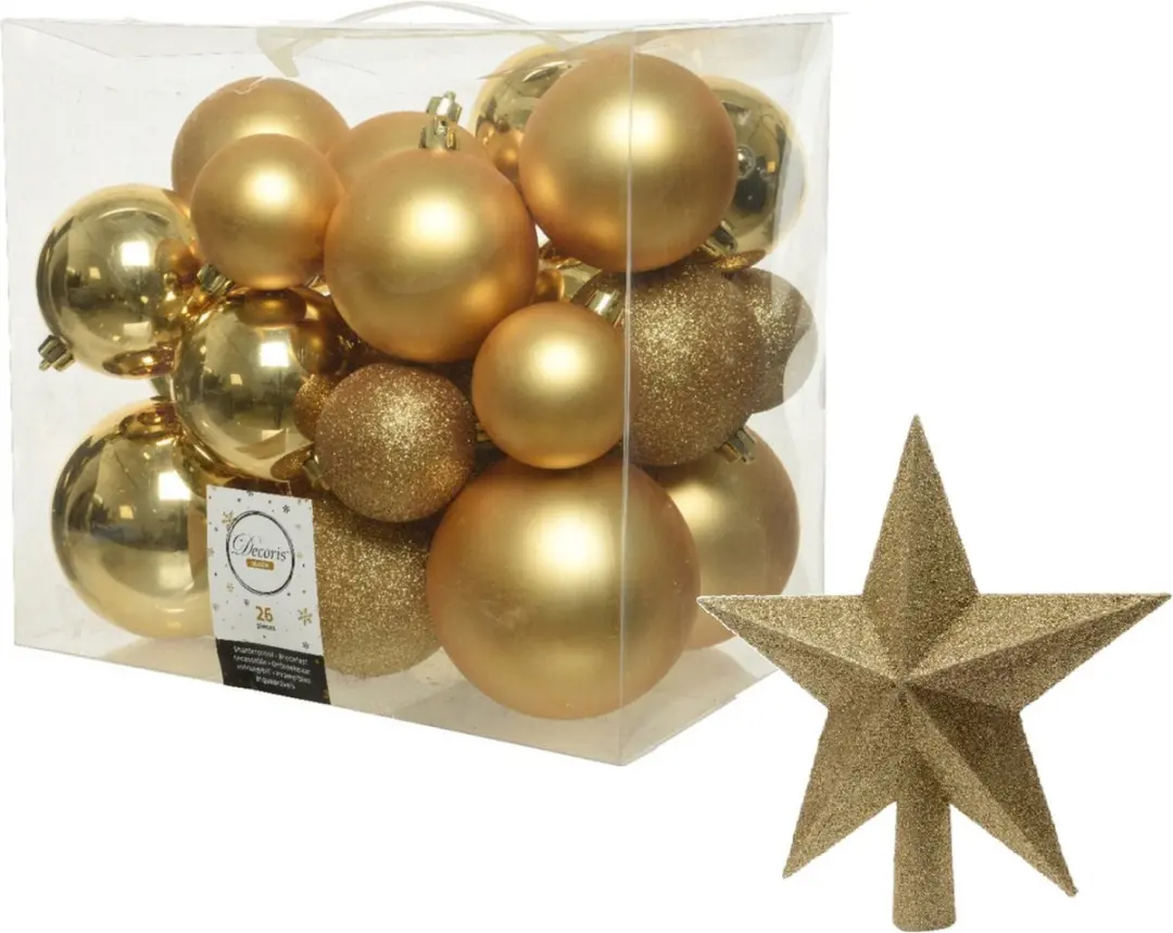 Kerstversiering kunststof kerstballen goud 6-8-10 cm pakket van 27x stuks