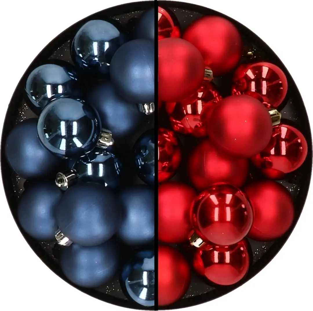 32x stuks kunststof kerstballen mix van donkerblauw en rood 4 cm