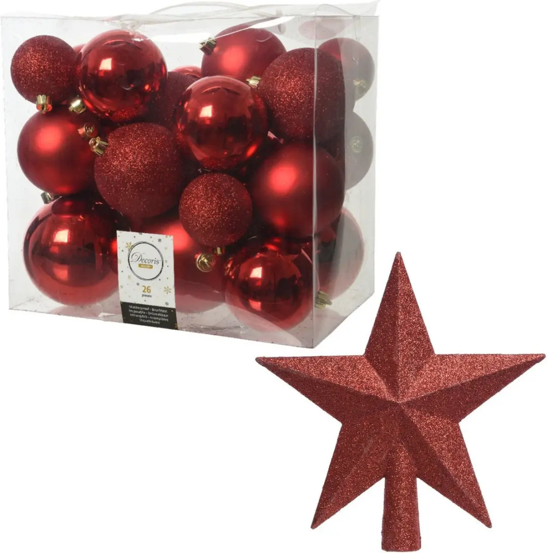 Kerstversiering kunststof kerstballen rood 6-8-10 cm pakket van 27x stuks