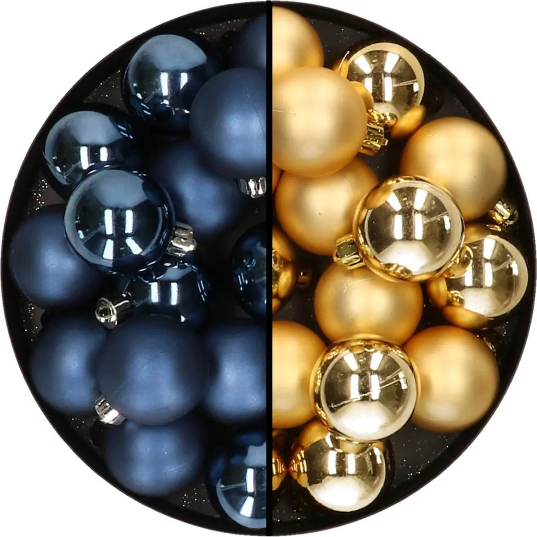 32x stuks kunststof kerstballen mix van donkerblauw en goud 4 cm