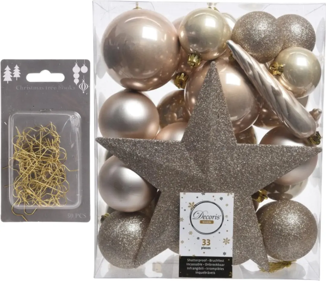 33x stuks kunststof kerstballen 5, 6 en 8 cm parel champagne inclusief ster piek