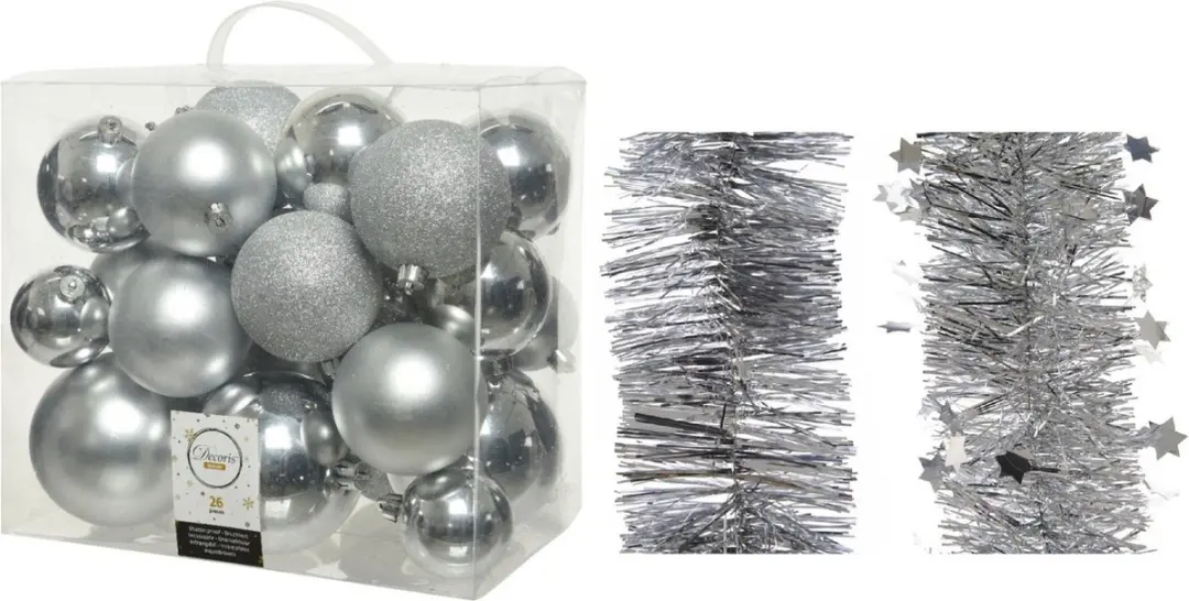 Decoris kerstballen en folieslingers pakket zilver