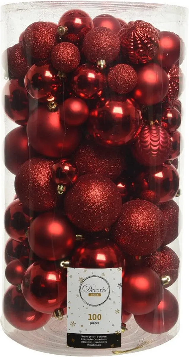 Decoris Christmas Red 100x rode kerstballen 4-5-6-7-8 cm - glans - glitter - mix maten - kunststof