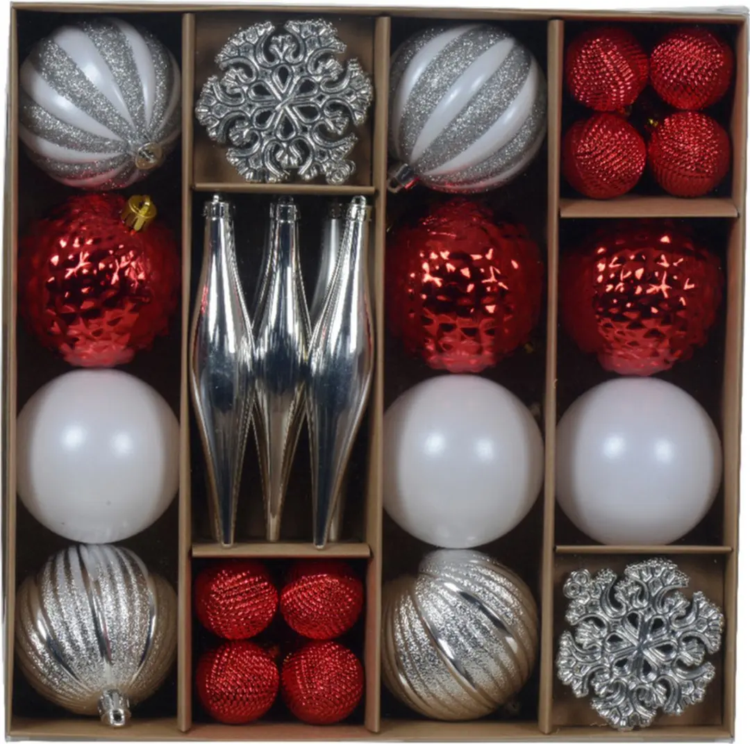 Decoris Kerstballen en ornamenten set -46-delig - rood/wit/zilver -kunststof - kerst - kerstversiering
