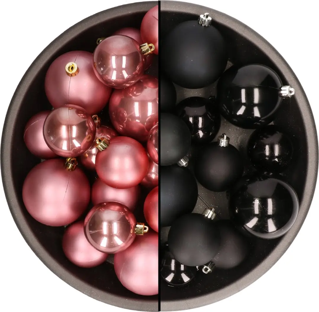 Kerstversiering kunststof kerstballen kleuren mix zwart/oud roze 4-6-8 cm pakket