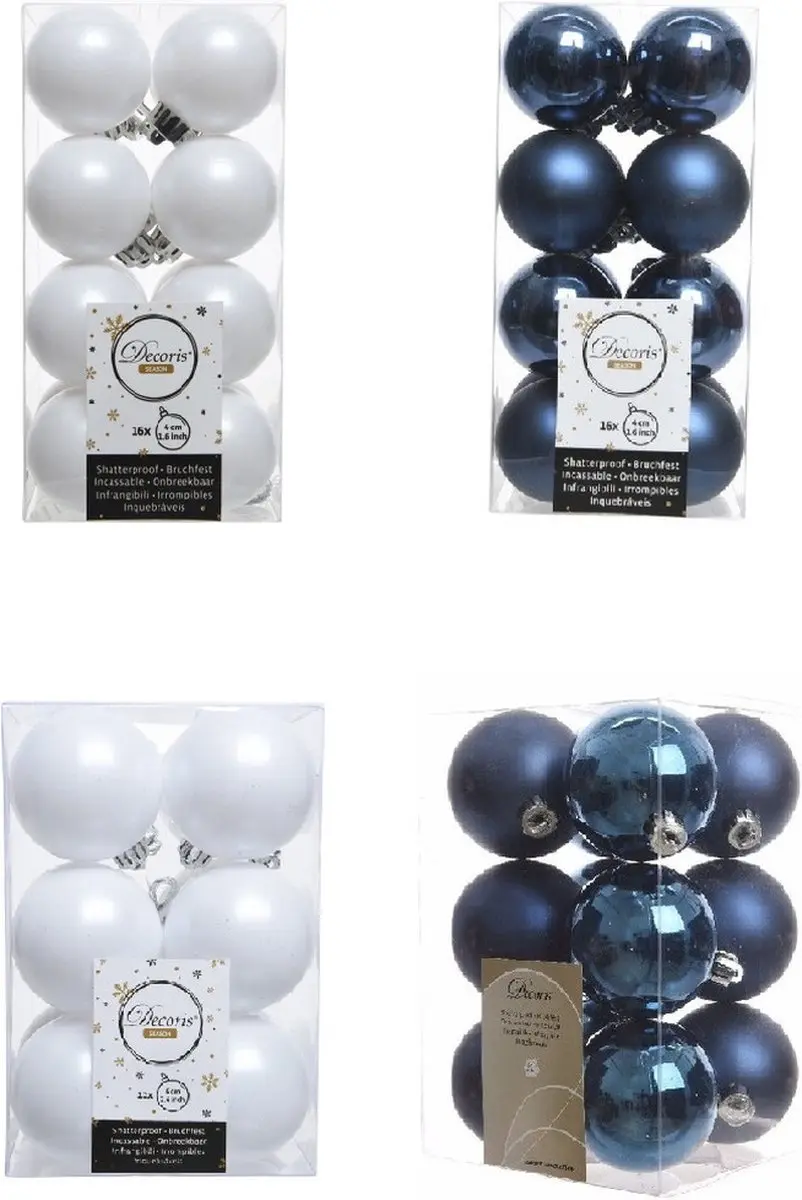 Kerstversiering kunststof kerstballen kleuren mix donkerblauw/winter wit 4 en 6