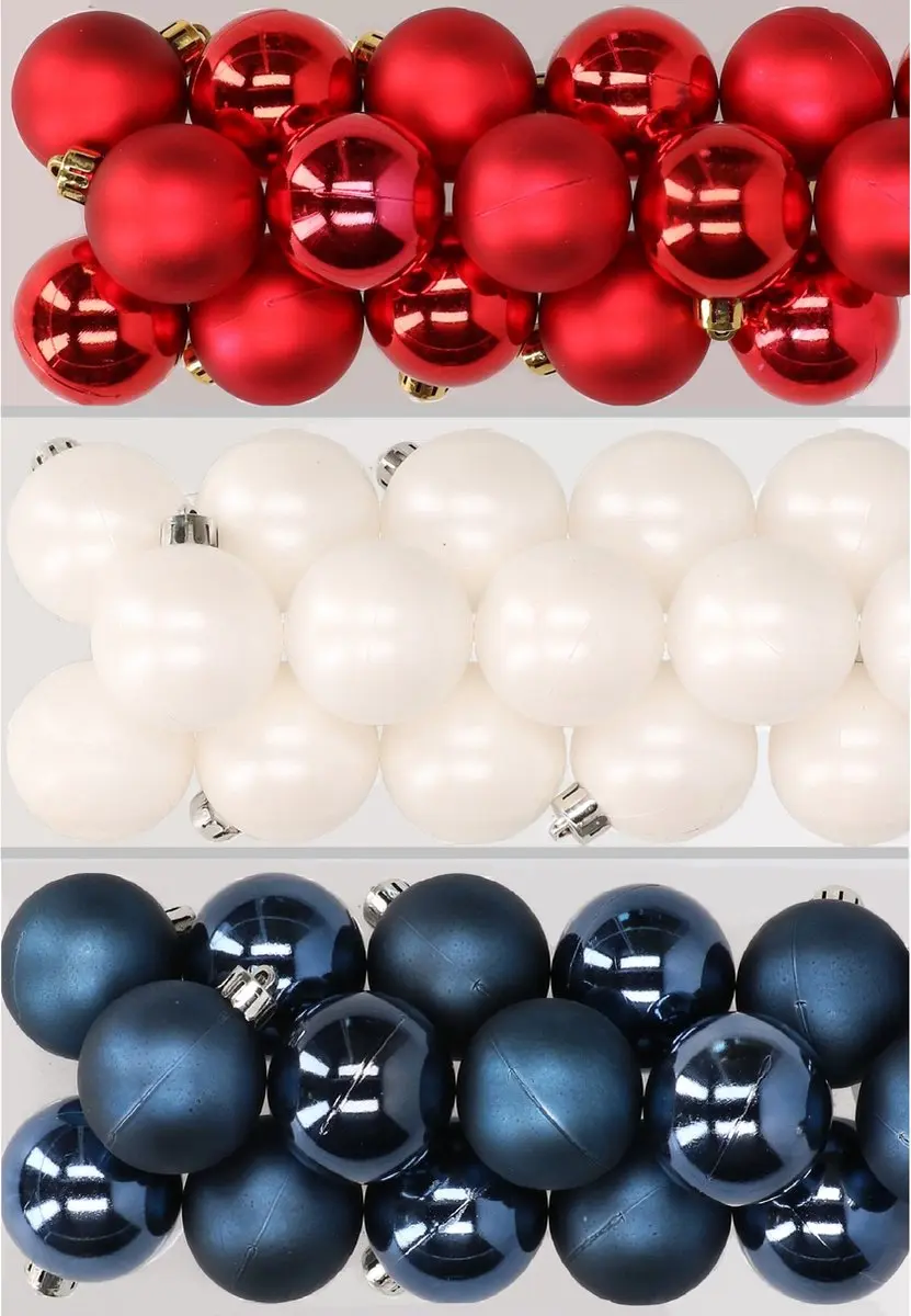 32x stuks kunststof kerstballen mix van rood, wit en blauw 4 cm