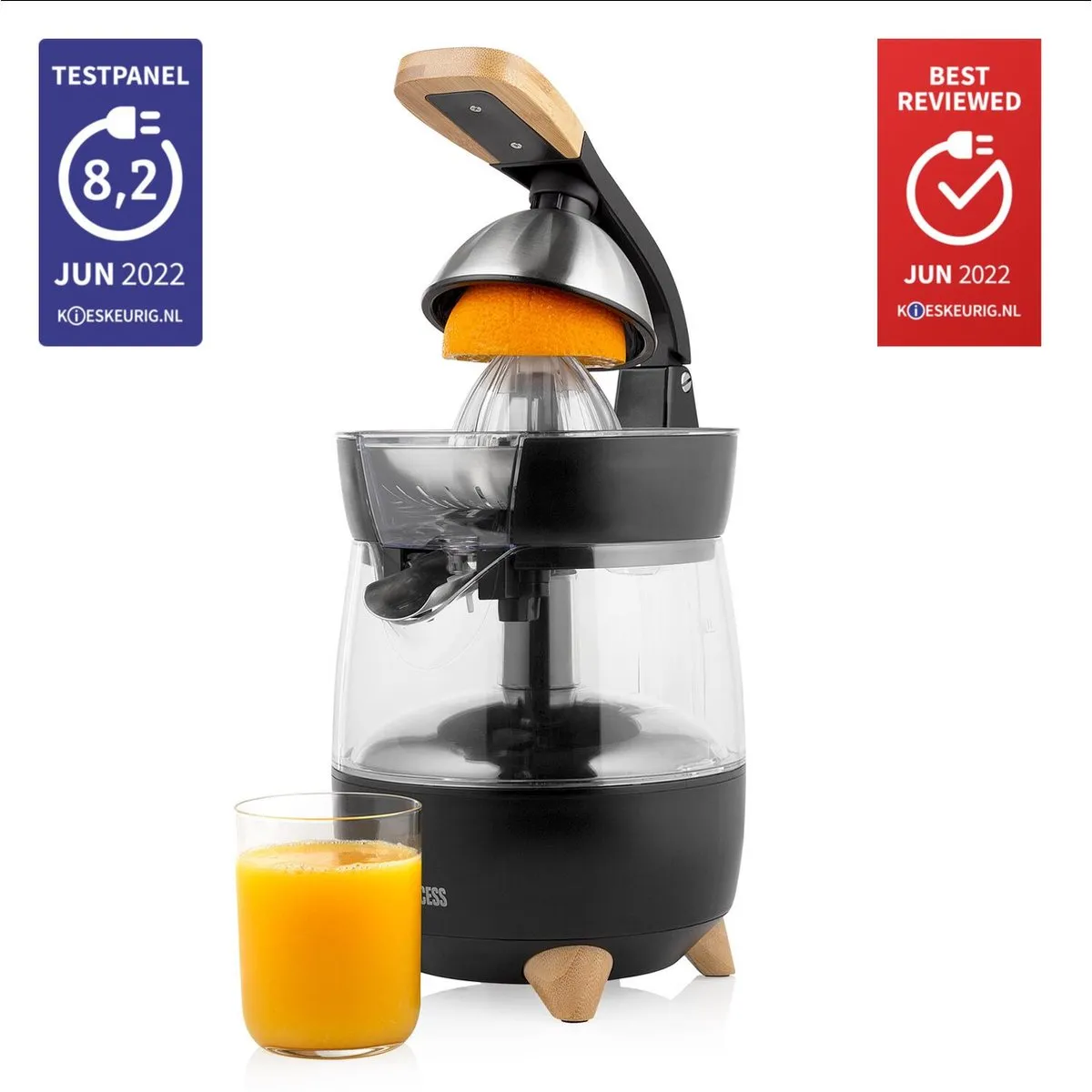 Princess Elektrische Citruspers Pure 201862 – Luxueus eigen design – 300 W – Zwart/Bamboe