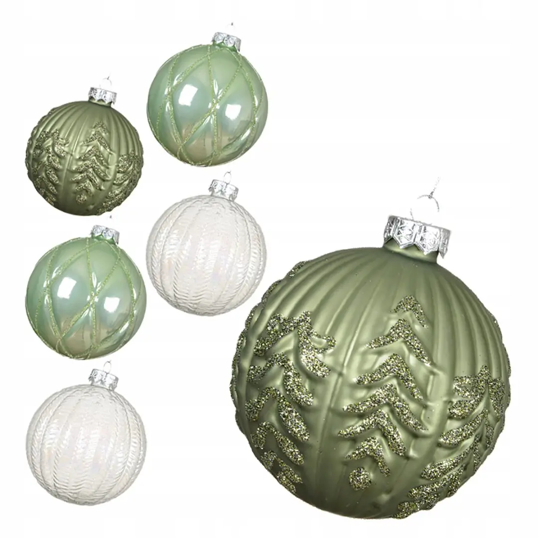 Grote Glazen Kerstballen Wit-Groen 10cm Set van 6