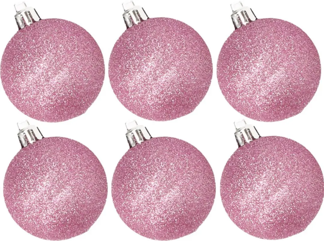 6x stuks kunststof glitter kerstballen roze 8 cm - Onbreekbare plastic kerstballen