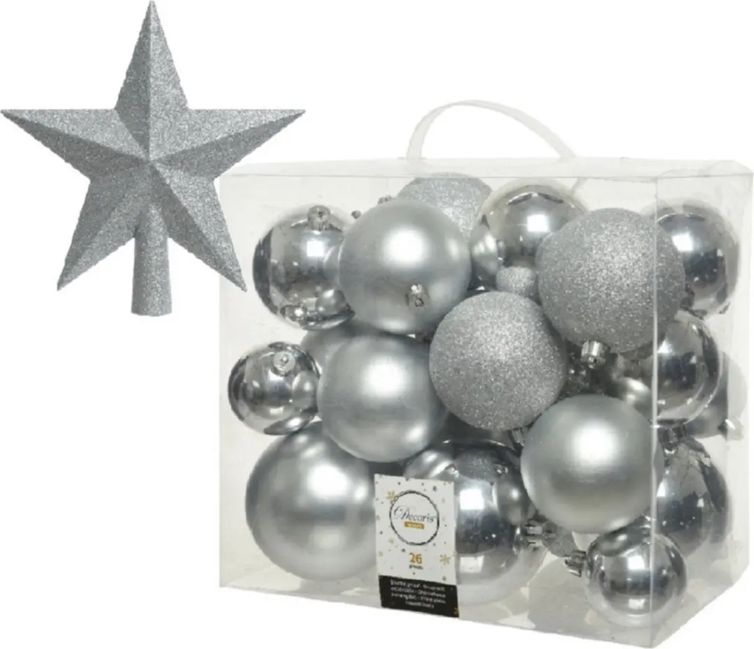 Decoris Kerstballen set kunststof zilver 6-8-10 cm - 27 stuks - met kunststof ster piek 19 cm