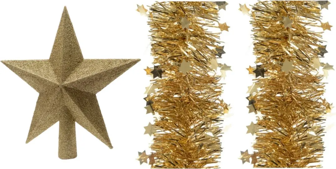Set van een kerst ster piek en 2x stuks kerstslingers goud 270 x 10 cm
