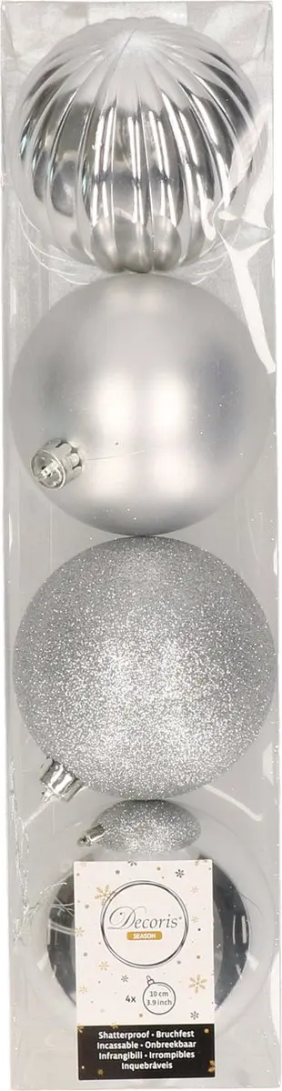 4x Zilveren kunststof kerstballen 10 cm