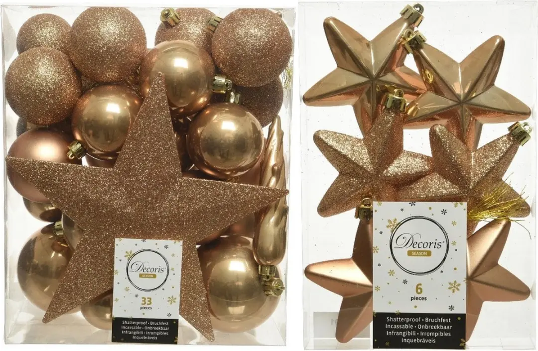 Kerstversiering kunststof kerstballen en hangers camel bruin 5-6-8 cm pakket van