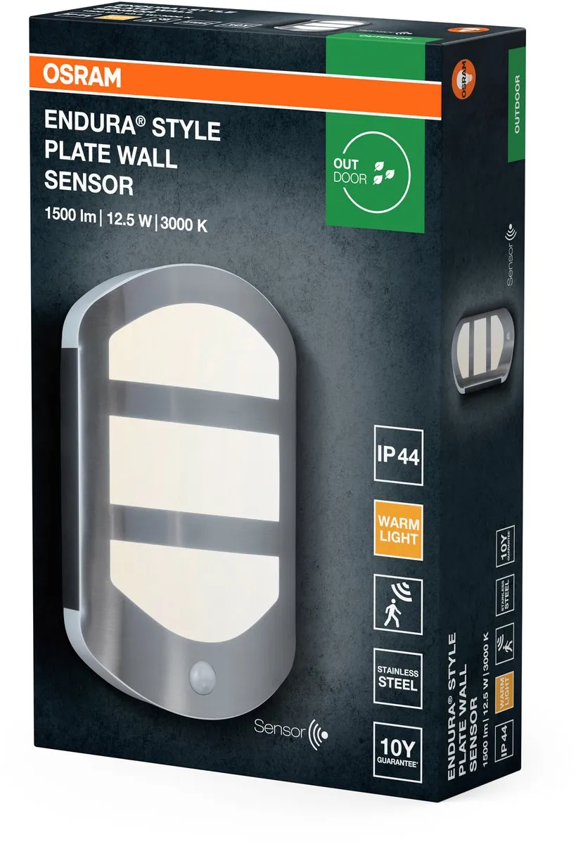 Osram ENDURA Style Plate Wall Sensor Wandlamp 12.5W - Staal