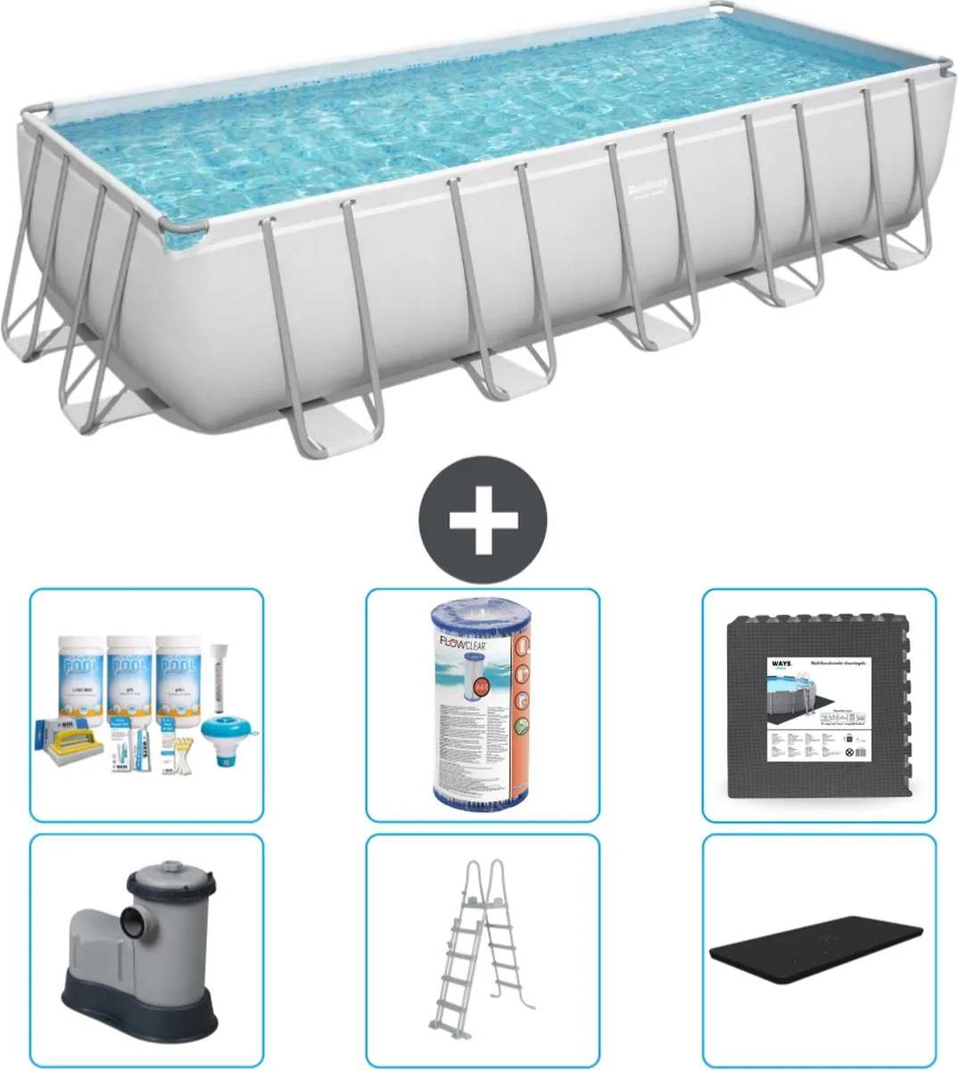 Bestway Rechthoekig Power Steel Zwembad - 640 x 274 x 132 - Grijs - Inclusief Pomp - Ladder - Afdekzeil Onderhoudspakket - Filter - Vloertegels