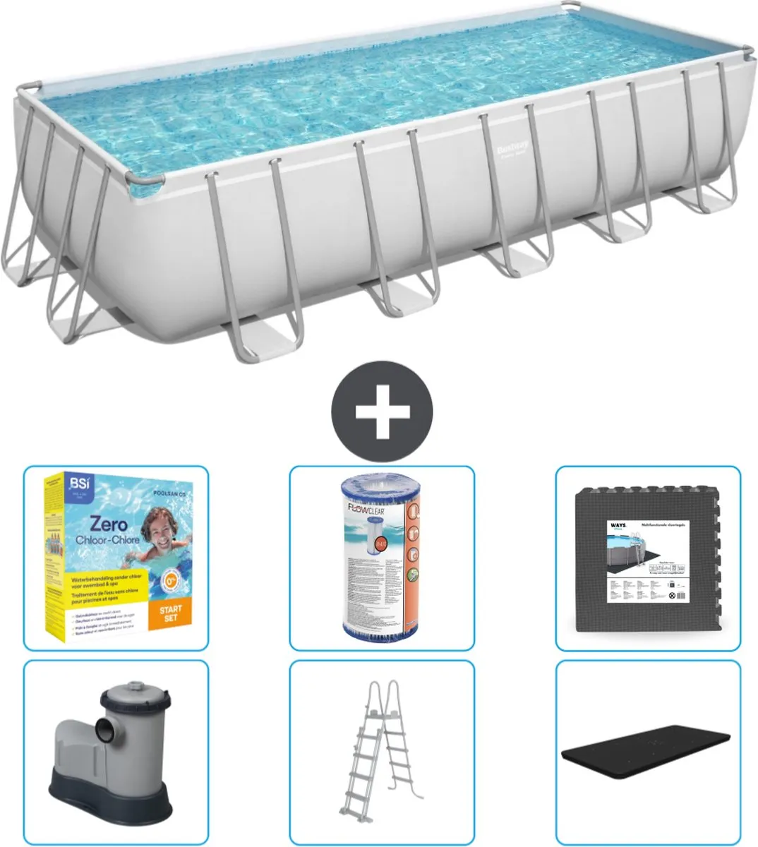 Bestway Rechthoekig Power Steel Zwembad - 640 x 274 x 132 - Grijs - Inclusief Pomp - Ladder - Afdekzeil Onderhoudspakket - Filter - Vloertegels