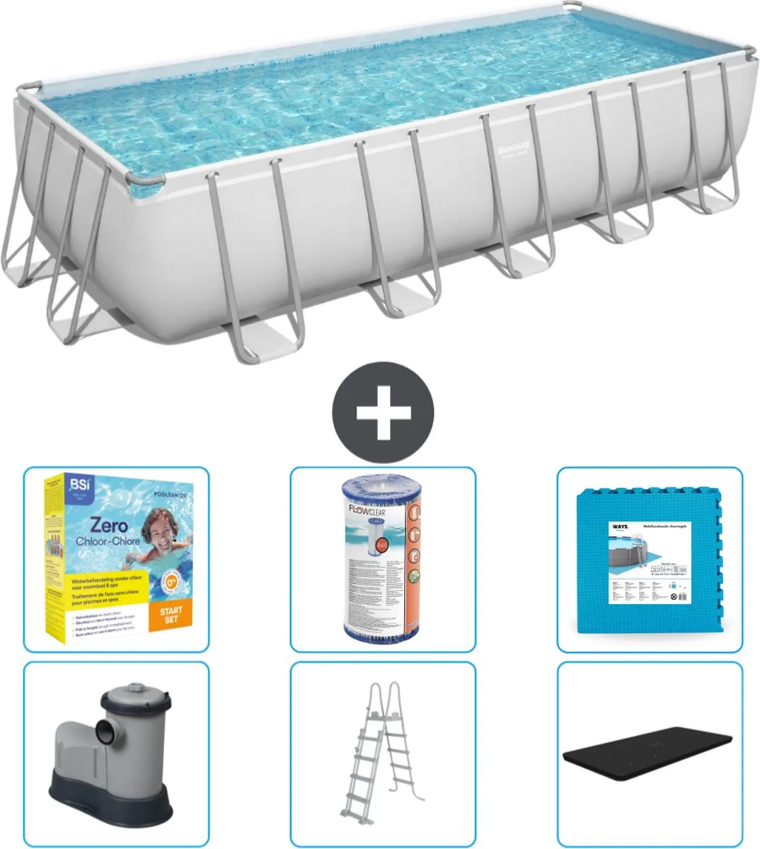 Bestway Rechthoekig Power Steel Zwembad - 640 x 274 x 132 - Grijs - Inclusief Pomp - Ladder - Afdekzeil Onderhoudspakket - Filter - Vloertegels