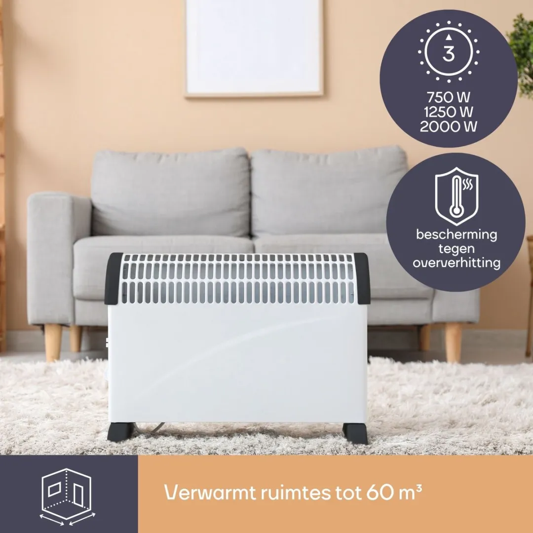 Perel Convectorkachel met turboventilator,, elektrische verwarming, elektrische kachel, radiator met drie warmtestanden voor ruimtes tot 60 m³, voor binnen, thermostaat, 2000 W
