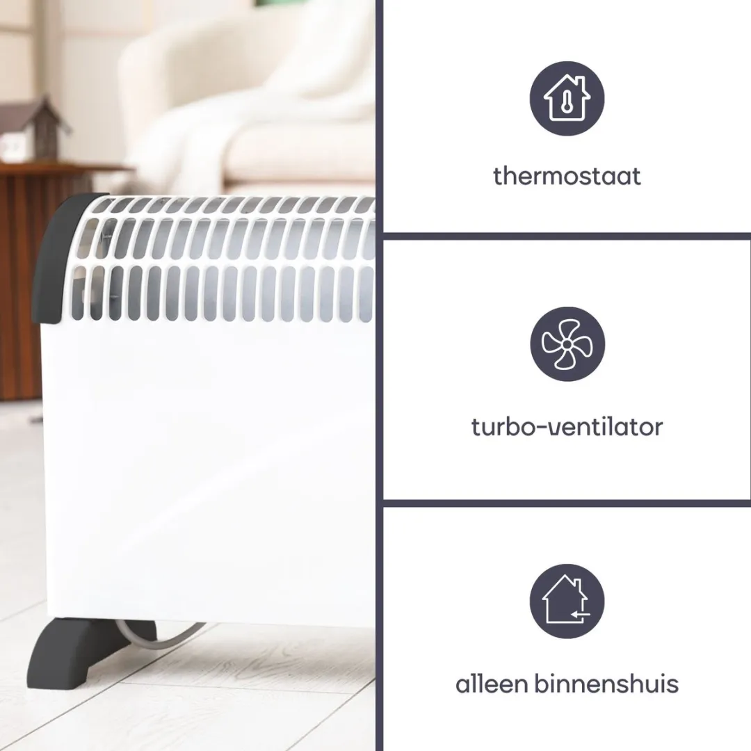 Perel Convectorkachel met turboventilator,, elektrische verwarming, elektrische kachel, radiator met drie warmtestanden voor ruimtes tot 60 m³, voor binnen, thermostaat, 2000 W