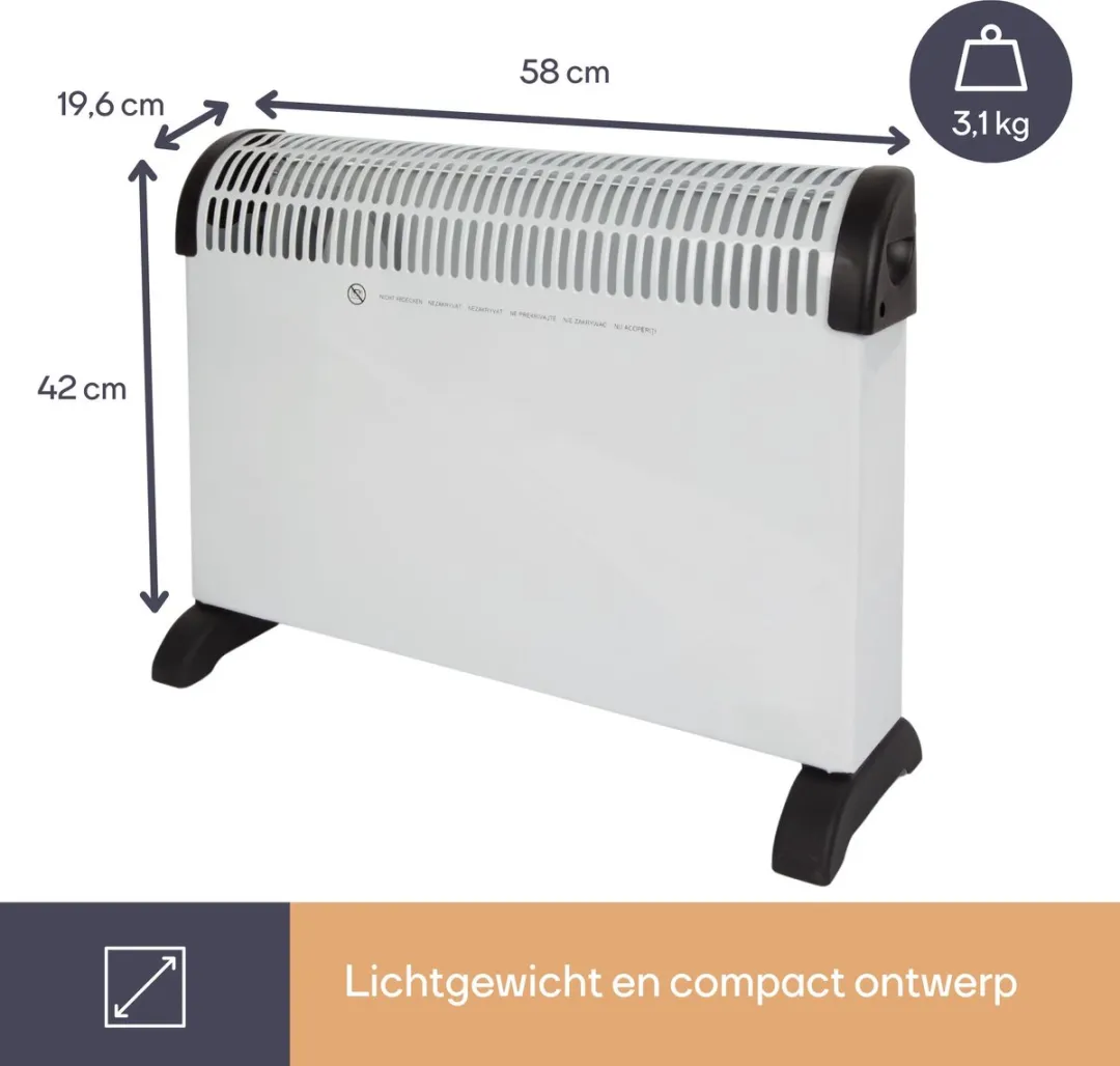 Perel Convectorkachel met turboventilator,, elektrische verwarming, elektrische kachel, radiator met drie warmtestanden voor ruimtes tot 60 m³, voor binnen, thermostaat, 2000 W