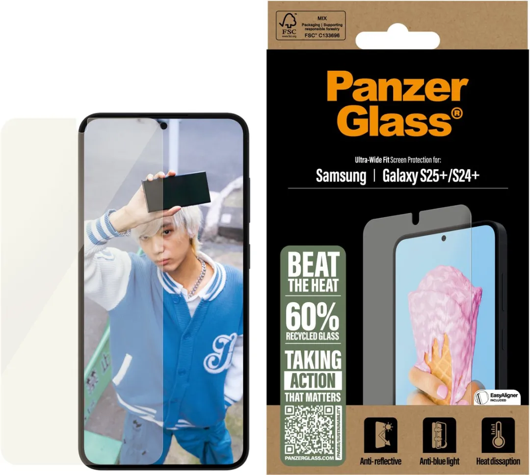 PanzerGlass All-in-One Ultra-Wide Fit Anti-Bacterial Screenprotector geschikt voor Samsung Galaxy S25 Plus