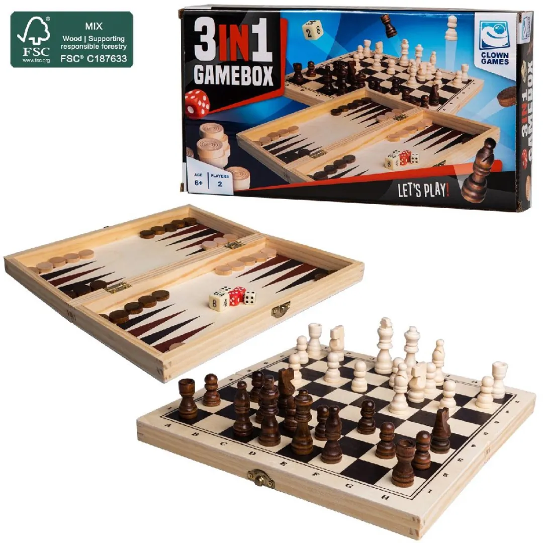 Clown Games Spellendoos Hout FSC 3-in-1 Spellen