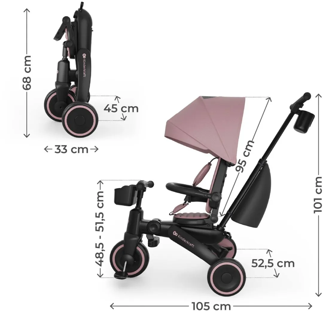 Kinderkraft JAZZ 3 Driewieler – 9 maanden tot 5 jaar – Inklapbaar & Lichtgewicht – 360° Draaibare Click & Twist Stoel – Verstelbare Oudergreep & Zonnekap – Roze